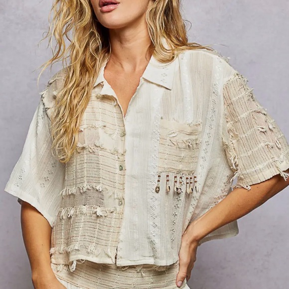 POL- Boho Woven Texture Oversized Shirt Top S-L - Picture 2 of 6